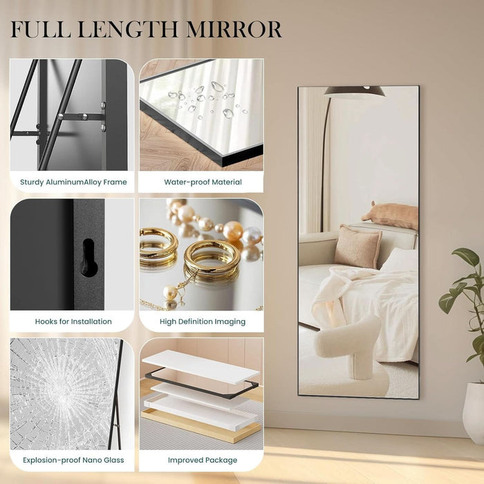 Full Length Mirror 64"X 21" for Bedroom, Full Body Mirror with Stand, Hanging or Leaning for Wall, Aluminum Alloy Thin Frame Floor Standing for Living Room, Long, Black