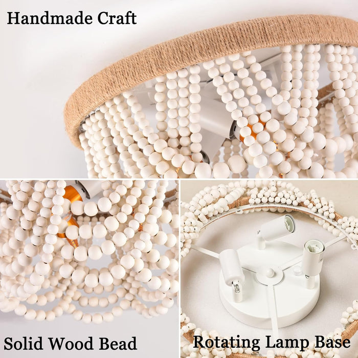 Wood Beaded Flush Mount Ceiling Light Antique Rustic Mini Chandelier 3-Light White Boho Light Fixture for Dining Room,Nursery Room,Bedroom,Girl Room,Hallway,Entryway,Passway