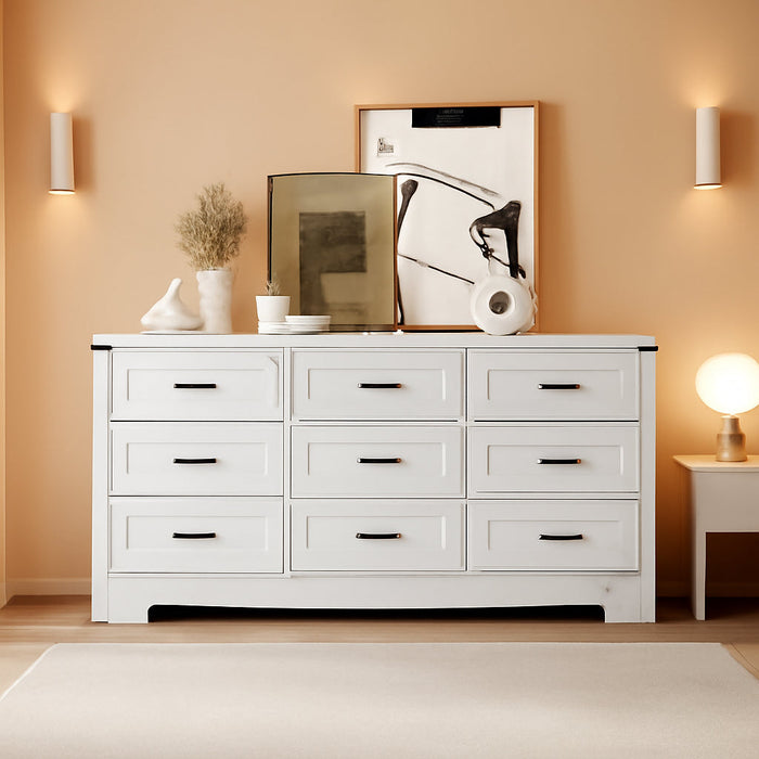 White Dresser for Bedroom, 59'' Wide Wooden Chest of Drawers with Natural Wood Texture, 9 Drawer Dresser for Closet with Metal Handles, Sleek Storage Solution for Living Room, Office, Hallway