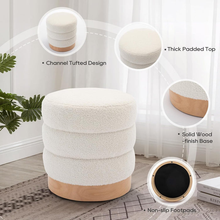 Sherpa Ottoman Footstool, Tufted Modern Foot Rest Stool with Wood Base for Living Room, Bedroom, Desk, round Versatile Side End Table, Pouf, Makeup Seat,2Pcs,Cream