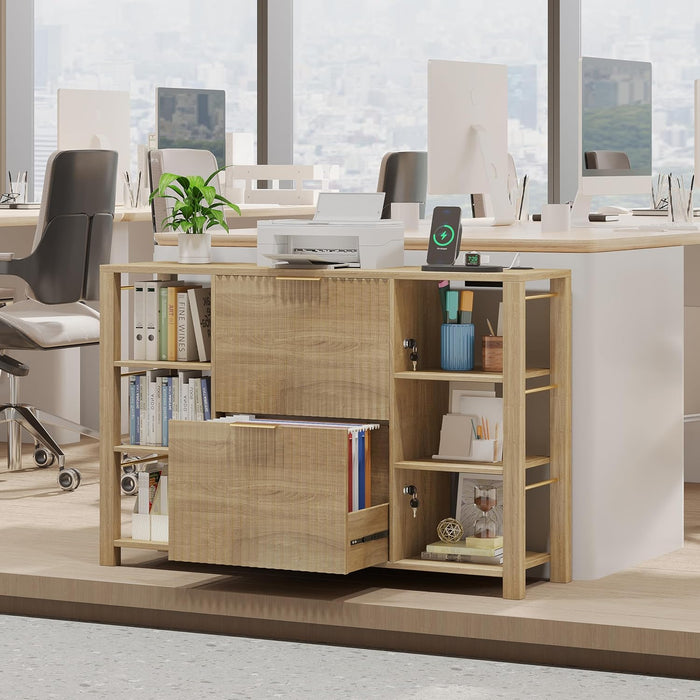 Filing Cabinet for Home Office, Fluted Wood File Cabinet with 2 Drawers Fit Letter/Legal/A4 Folders with Tabs, 43.3"W Printer Stand with Lock & 2 Power Outlets, 6 Storage Shelves (Natural Oak)