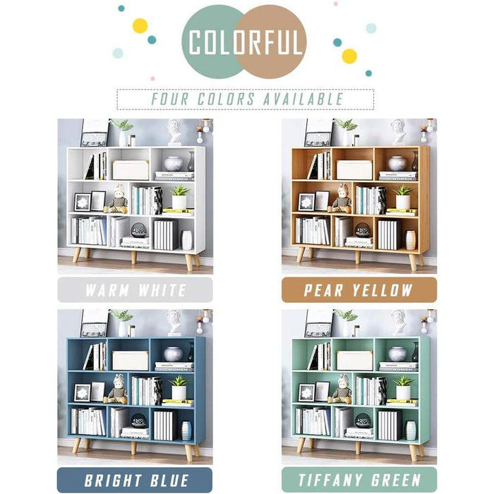 Wooden Open Shelf Bookcase - 3-Tier Floorstanding Display Cabinet Rack with Legs, 8 Cubes Free Standing Bookshelf, Bright Blue