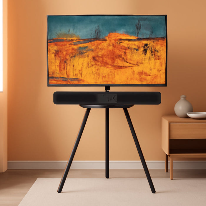 Tripod Easel TV Stand for 43 to 65 Inch LCD Led Screen, Height Adjustable and Swievel TV Stand, Portable TV Floor Stand with Wooden Tray for Bedroom, Living Room, Studio, Metal Black