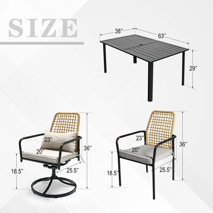 7-Piece Outdoor Dining Set, 4 Wicker Stackable Rattan Chairs ＆2 Wicker Swivel Rattan Chairs with 63'' Rectangular Patio Dining Table All Weather Frame Furniture Set