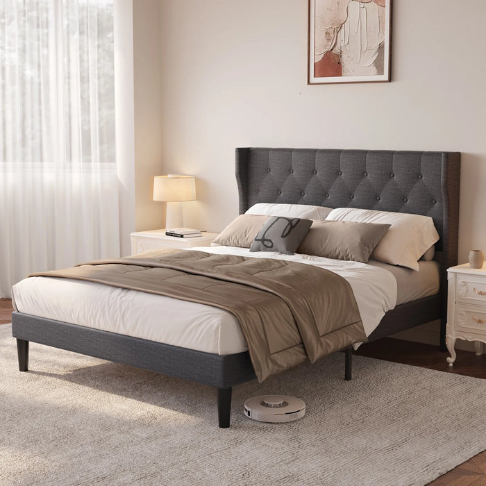 Queen Bed Frame, Queen Size Bed Frame with Upholstered Headboard, under Bed Storage, 800Lbs, Dark Gray Finish