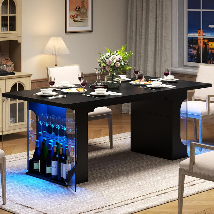 70.8" Large Dining Table with Glass Storage Cabinet & LED Lights, Modern Kitchen Table for 4-8, Rectangle Dining Room Table, Long Dinner Tables for Kitchen,Living Room(Black)