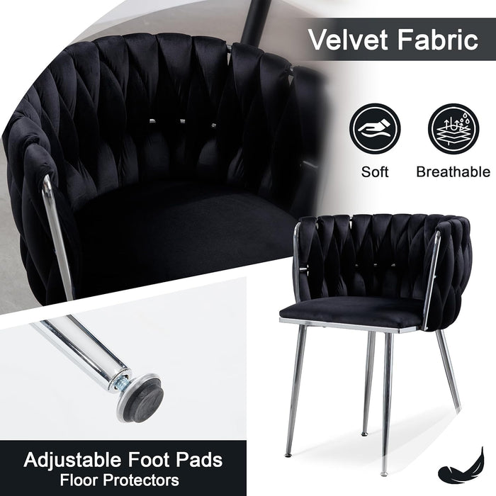Velvet Dining Chairs Set of 2, Woven Upholstered Side Chairs with Silver Metal Legs, Modern Accent Leisure Chairs Kitchen & Dining Room Chair for Bedroom Living Room, Black