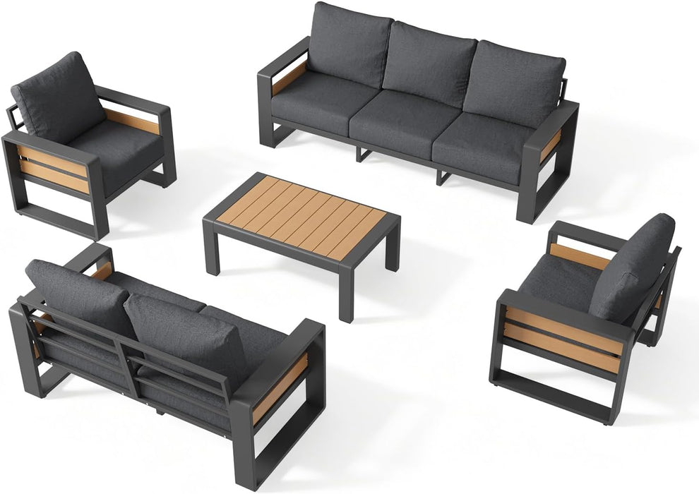 Aluminum Patio Furniture Set, 5 Piece Luxury Outdoor Sectional with 6" Olefin Fabric Cushions, Patio Conversation Sets with Coffee Table & Oversized Seats for Backyard, Porch Dark Grey