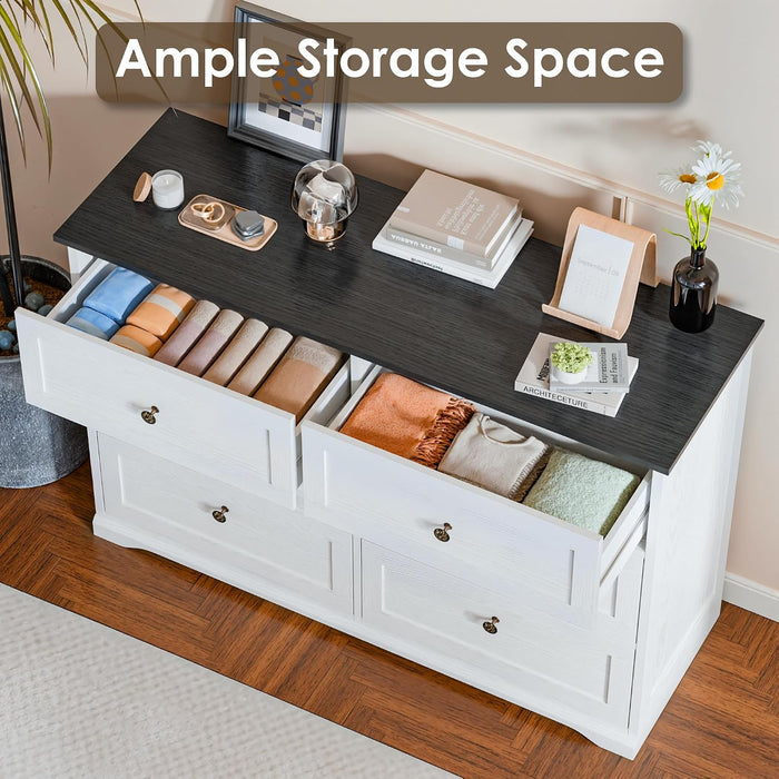 Dresser for Bedroom with 6 Drawers, 47.2" Wide Modern Chest of Drawers with Handle,Dresser TV Stand,White Dresser with Black Countertop for Living Room, Hallway