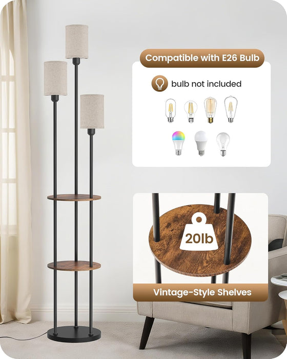 70.9" Floor Lamp with Shelves, Modern Floor Lamp with 3 Linen Shades and Foot Switch, 3-Light Standing Lamp, for Living Room, Bedroom, Study, Office, Rustic Brown and Beige EF53LD05