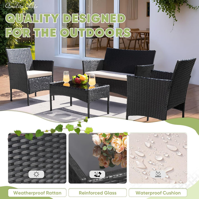Patio Furniture 4 Pieces Conversation Sets Outdoor Wicker Rattan Chairs Garden Backyard Balcony Porch Poolside Loveseat with Cushion and Glass Table, Black and Beige