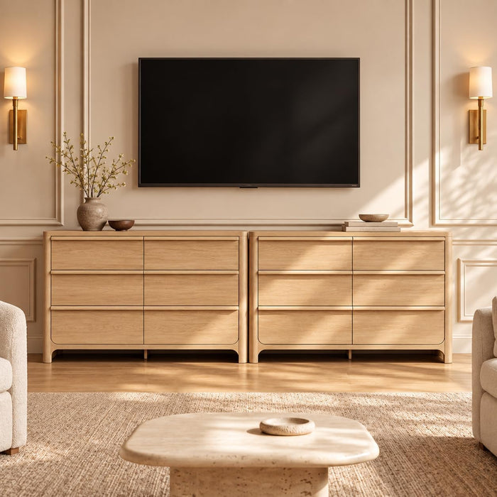 6 Drawer Dresser for Bedroom, 57" Wide Chest of Drawers, Natural