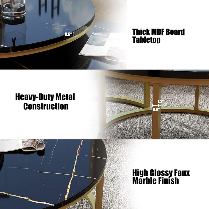 round Coffee Table Nesting Tables Set of 2, Large : Ø 34.0", Small : Ø 26.0", Modern Design Coffee Tables for Living Room, Gold Metal Frame Circle Cocktail Table, High Glossy Faux Black Marble