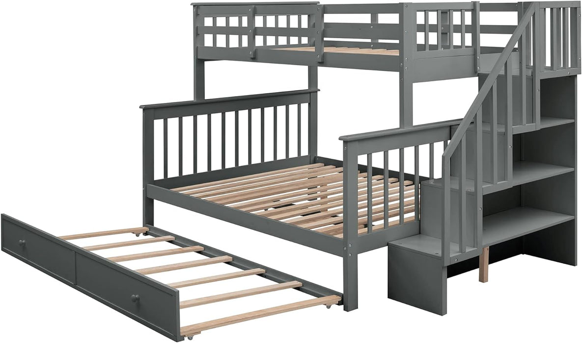 Twin over Full Bunk Bed, Wooden Bunk Bed Frame Twin over Full with Trundle and Storage Shelves, Twin over Full Size Bunk Beds with Staircases for Kids Teens Adults, Grey