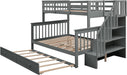 Twin over Full Bunk Bed, Wooden Bunk Bed Frame Twin over Full with Trundle and Storage Shelves, Twin over Full Size Bunk Beds with Staircases for Kids Teens Adults, Grey