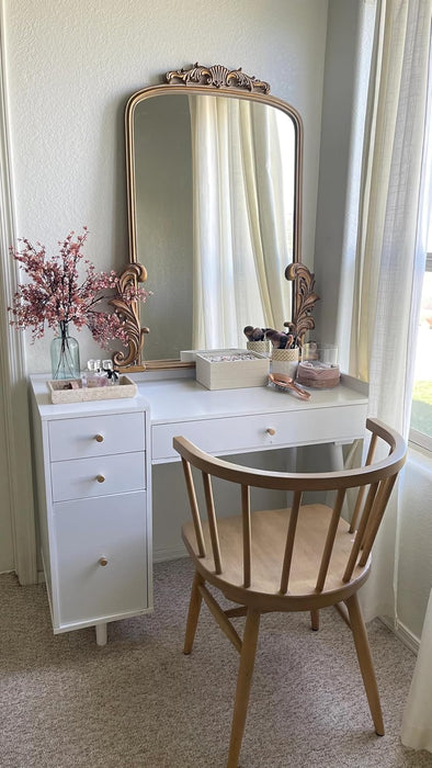 Daisy Vanity Dressing Table or Makeup Desk with 4-Drawers and Brass Accent Knobs, White Wood
