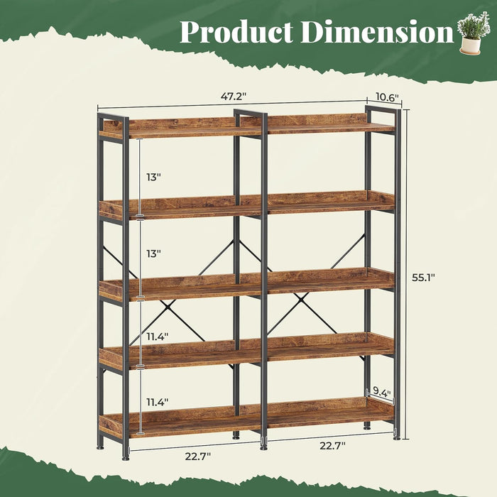 5 Tier Bookshelf, Display Bookshelf with 10 Open Shelves and Raised Baffle, 47.2 Inch Straight Wide Bookcase with Metal Frame and Wooden Board, Adjustable Feet, Rustic Brown