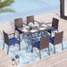 Patio Outdoor Table and Chairs Set with Umbrella Navy, Patio Dining Sets for 6, 7 Pieces Patio Table Set Clearance for Backyard Deck Porch Outside, Metal Table with Hole & Cushioned Rattan Chairs