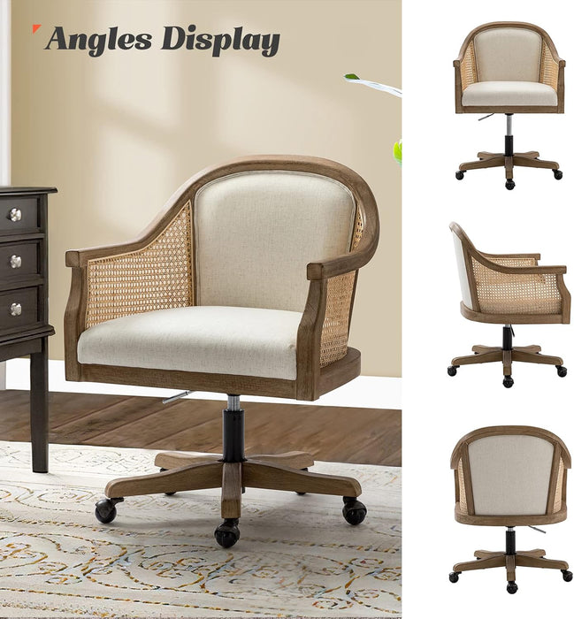 Rattan Desk Chair, Vintage Upholstered Home Office Chair, Ivory