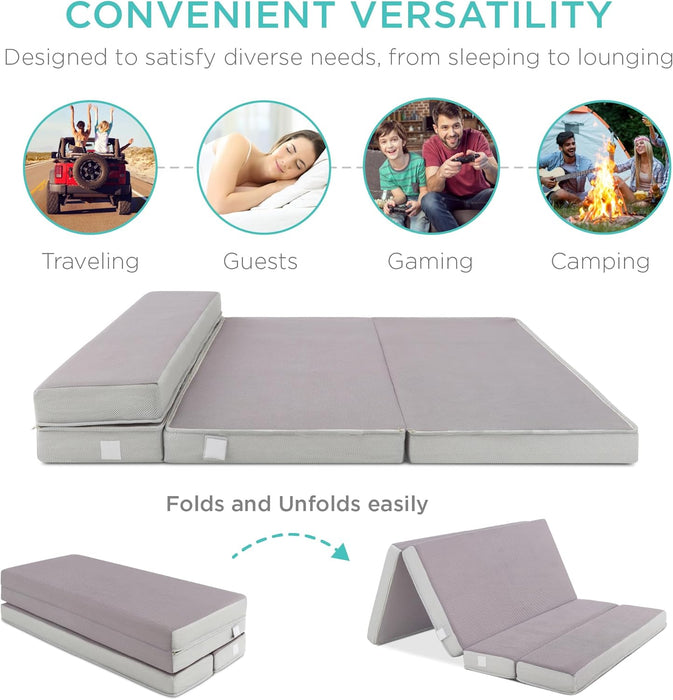 4In Portable Twin-Size Mattress, Tri-Fold Mattress for Camping, Guest, Toddler, Foam Plush W/Carry Case - Grey