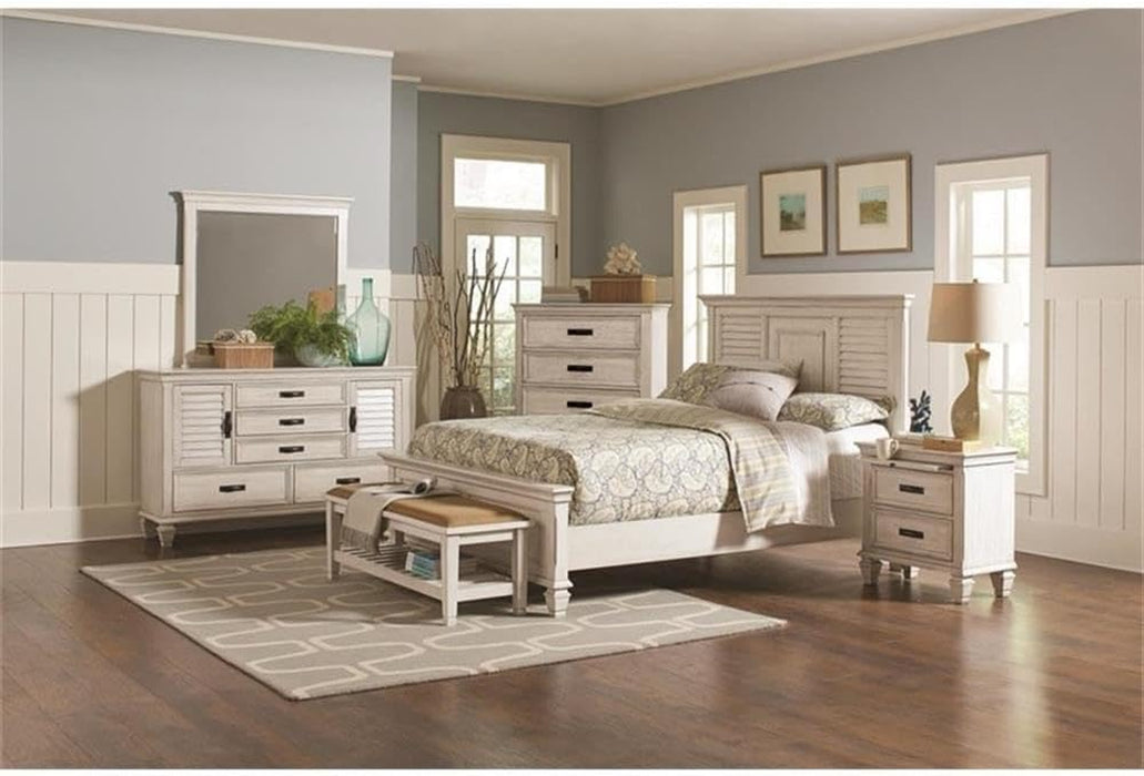Farmhouse Wood Queen Panel Bed, Antique White Finish, 57" H X 67.5" W X 88.25" D, Asian Hardwood and Veneers, Coastal Style Bedroom Furniture, Box Spring Required, Assembly Required