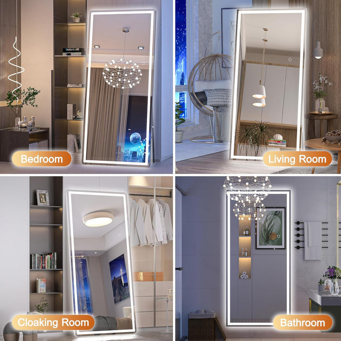 Full Length Mirror with Lights, 71" X 32" LED Lighted Floor Standing, Full Body Dressing Hanging Mounted Mirror, Dimmable, Tempered Glass, Safe to Use, Square White