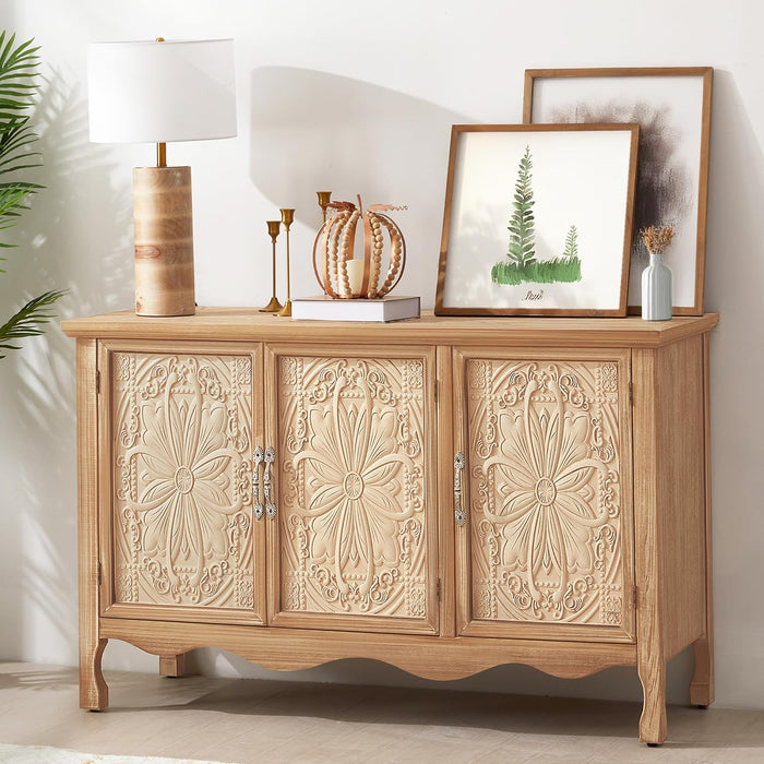 Farmhouse Sideboard Buffet Cabinet with Storage, 49" Solid Wood Credenza Buffet Table Coffee Bar Wine Bar Storage Cabinet with 3 Doors for Dining Room Living Room Hallway, Provence Grain