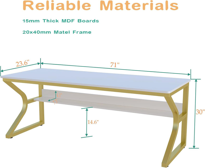 71-Inch Extra Long Desk with Storage Shelf, Gold