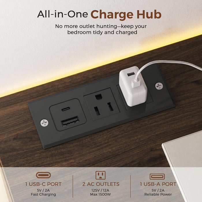 6 Drawer Dresser with LED Lights and Charging Station, Modern Brown Dresser