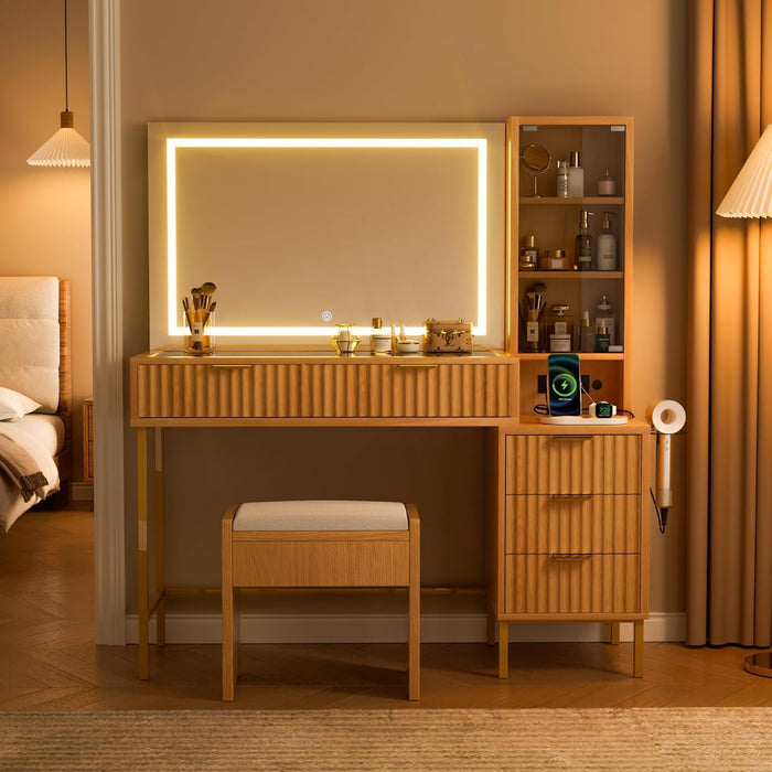 48" Makeup Vanity Desk with Mirror & Lights, Glass Top Table for Bedroom | Wooden Vanity Table, 5 Drawers, 3 Adjustable Shelves, Built-In Charging Station, 3 Color Lighting Modes, Bedroom Dressing