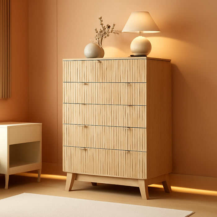 Fluted Dresser for Bedroom with 6 Drawers, 46" Tall Modern Chest of Drawers with Metal Handle, Wooden Dresser TV Stand, Wood Closet Clothes Storage Organizer for Living Room, Hallway, Natural Oak