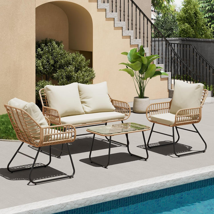 4-Piece Outdoor Patio Furniture Set with Cushions & Tempered Glass Table, All-Weather Rattan Bistro Set with Loveseat Chairs Table Soft Cushions for Garden, Porch, Backyard -Beige
