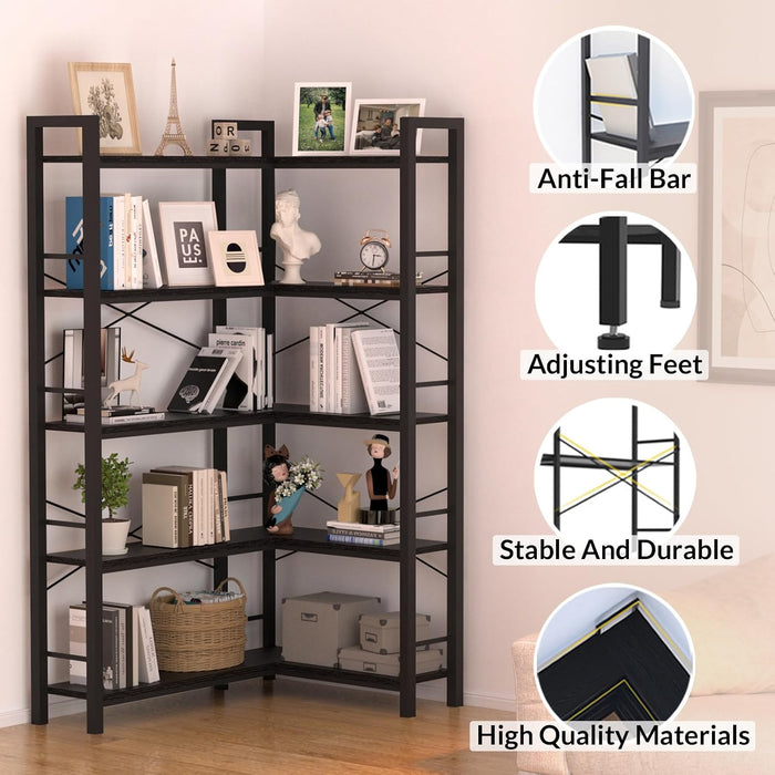 5-Shelf Corner Bookshelf, 68.5" L-Shaped Open Bookcase, Black