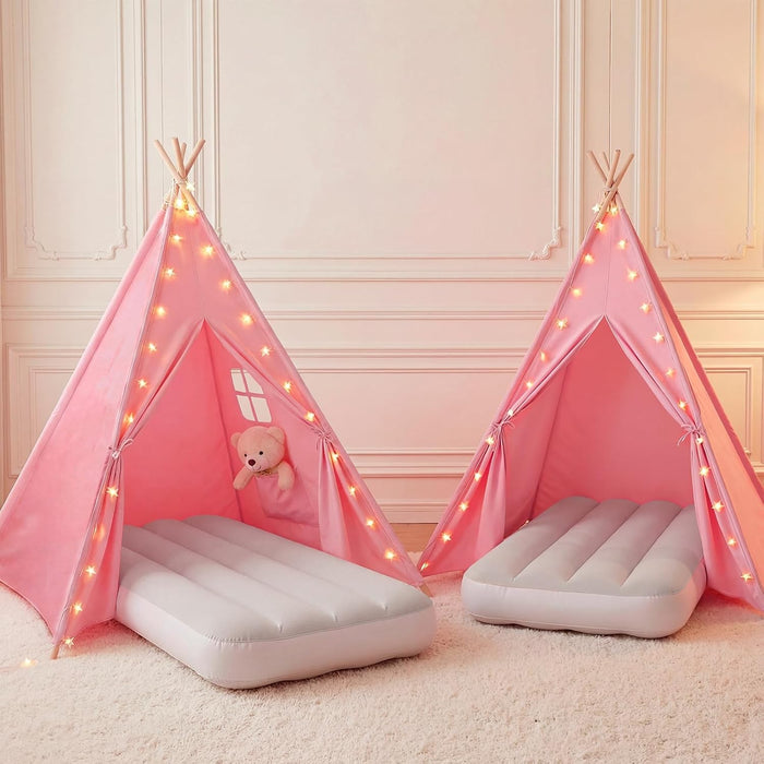 Pink Sleepover Teepee Tent for Kids-2 Pack Tipi Playhouse for Kids with Lights& Flag& Inflatable Airbed -Indoor/Outdoor Foldable- Slumber Party Tent -Sleepover Party Supplies