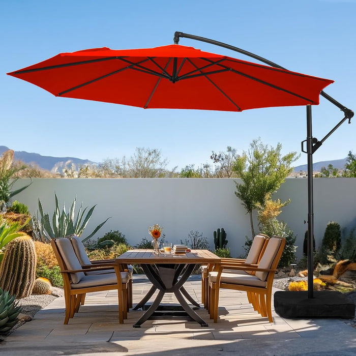 10Ft Patio Umbrella with Base Included, Outdoor Offset Cantilever Umbrella, Infinite Tilt, Crank and Cross Base, Orange Red