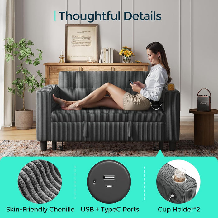 Corduroy Gray 54 Inch Multifunctional Sleeper Sofa