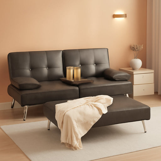 Faux Leather Upholstered Modern Convertible Futon, Adjustable Folding Sofa Bed, Guest Bed W/Removable Armrests - Gray