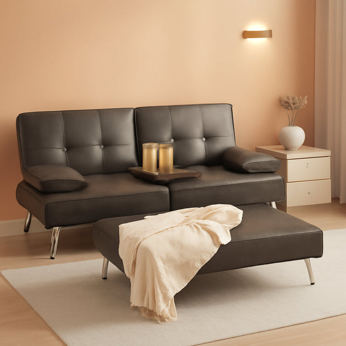 Faux Leather Upholstered Modern Convertible Futon, Adjustable Folding Sofa Bed, Guest Bed W/Removable Armrests - Gray