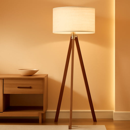 Solid Wood Tripod Floor Lamp with 3 Color Temperatures LED Bulb, Mid Century Modern Reading Standing Light Nature Linen Shade Tall Night Light for Bedroom Living Room Office Study Room, Brown