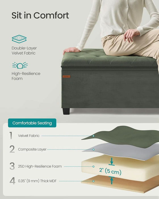 Velvet Storage Ottoman Bench, Foot Rest with Legs, 15.7 X 43 X 15.7 Inches, End of Bed Bench, Storage Chest, Load up to 660 Lb, for Living Room, Bedroom, Entryway, Forest Green ULSF089C01