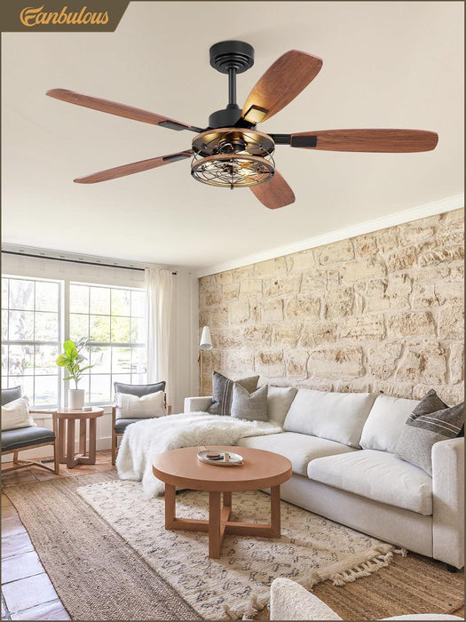 52 Inch Farmhouse Ceiling Fan with Light and Remote, Black Industrial Caged Flush Mount Ceiling Fans with 6 Speed Reversible Motor and Dual Finish 5 Blades, Rustic Ceiling Fan for Living Room, Bedroom