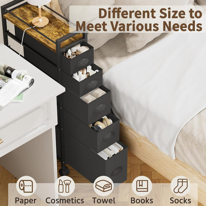 Black SlimStorage Narrow Five Drawer Dresser Wheeled