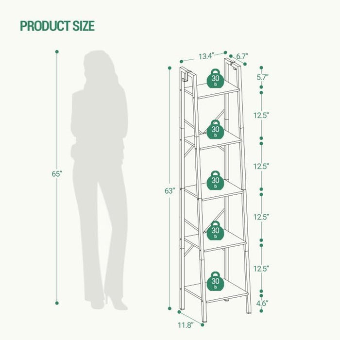 Ladder Shelf, Bookshelf Bookcase, Freestanding Corner Storage Shelve with 2 Hooks for Home Office, Living Room, Kitchen, Bedroom, Industrial, 5-Tier Rustic Brown BC03201B