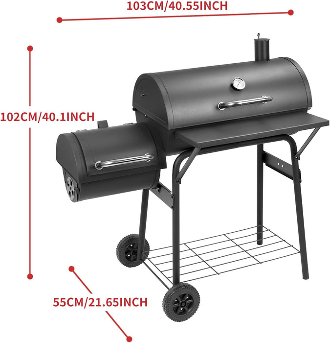 Barrel Charcoal Grill with Offset Smoker,550 Square Inches Cooking Area, Outdoor BBQ Grill with Front Shelf, Perfect for Backyard, Patio Parties and Picnics.