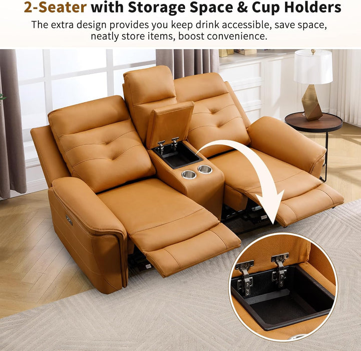 3-Piece Power Recliner Sofa Set with Charging Port, Include Single Recliner Chair, 2-Seater Loveseat with Hidden Storage & Cup Holders and 3-Seater Reclining Couch for Living Room, Yellow