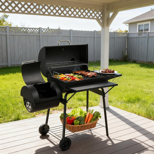 BBQ Charcoal Grill and Offset Smoker with Wheels & Side Front Table,Outdoor BBQ Grill with 557 Sq. In.,Patio Barbecue Cooker,Grilling Space for Outdoor Backyard,Balcony,Patio and Parties