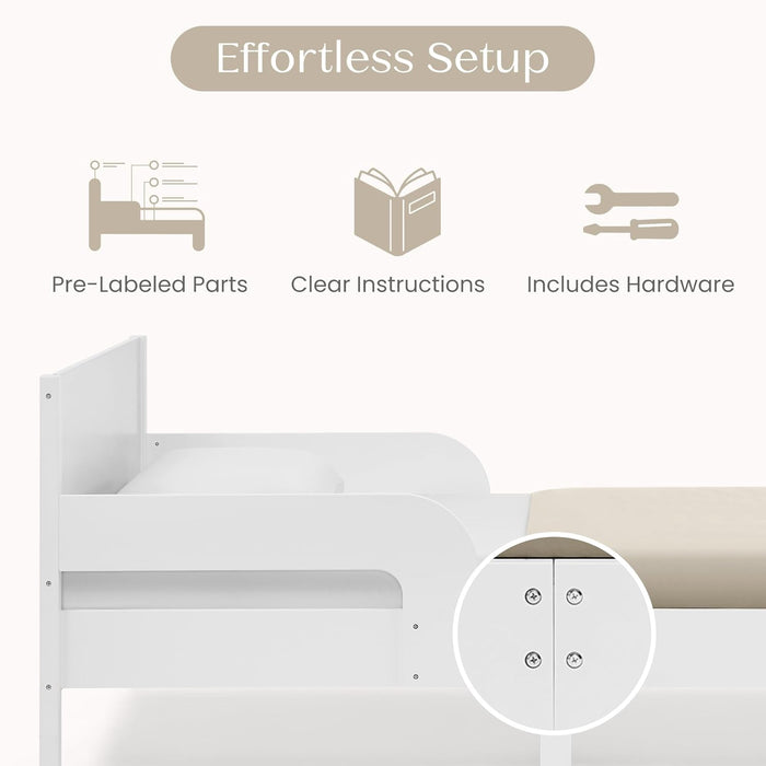 Cora Wood Twin Bed with Removable Guardrails - Wood Twin Bed with Slats Supports for Girls & Boys Teens, No Box Spring Needed, White Oxford Stripes