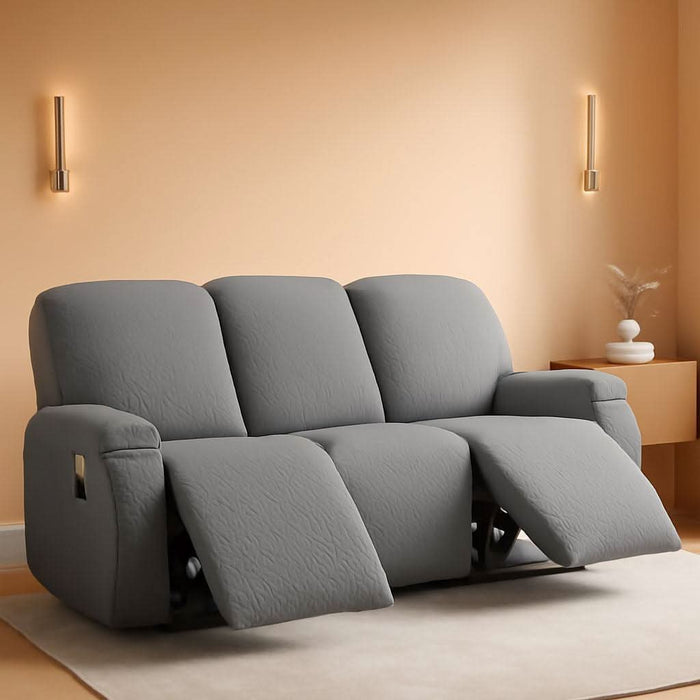 8 Pieces Stretch Recliner Sofa Cover Latest Jacquard Reclining Couch Cover with Side Pocket Anti-Slip Fitted 3 Cushion Furniture Slipcovers with Elastic Bottom (Sofa Recliner, Light Gray)