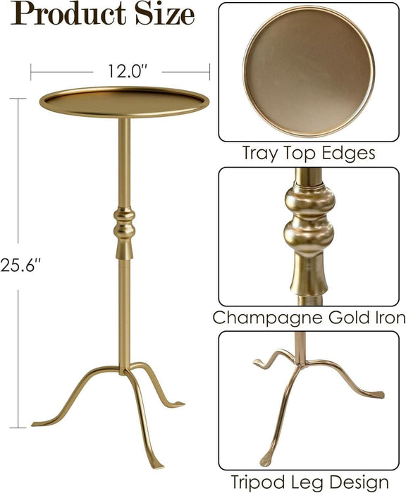 Brass Distressed Iron round Pedestal End Table, 25 Inch Vintage Martini Cocktail Accent Table with Tray Top for Living Room, Bedroom (Gold)