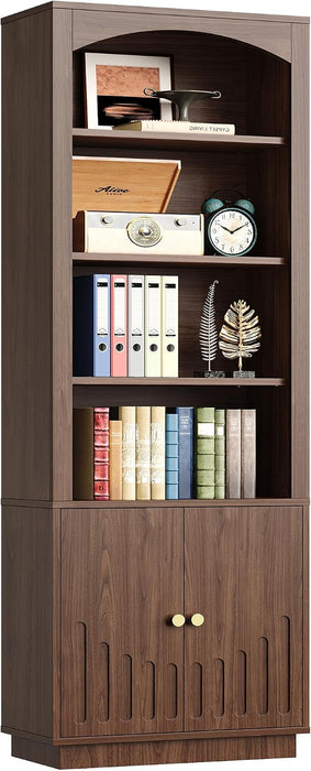 Book Shelf and Bookcases with Doors Floor Standing 6 Shelf Display Storage Shelves, 70.8" Tall Bookcase for Home Office, Living Room, Mid-Century Modern, Walnut Brown